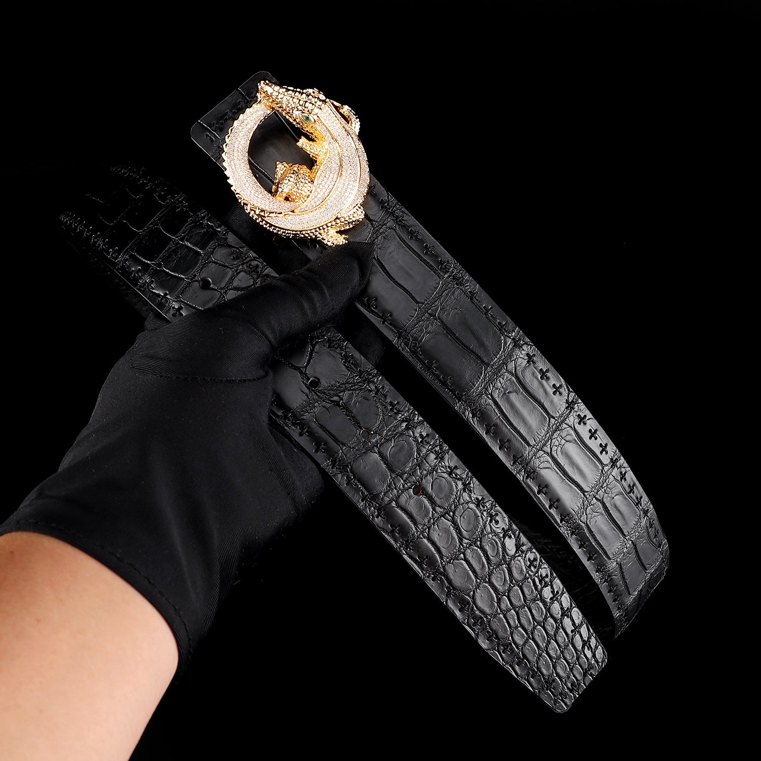 Black Crocodile Leather Belt -Unique BELT Buckle — buckle close-up | BELTLEY
