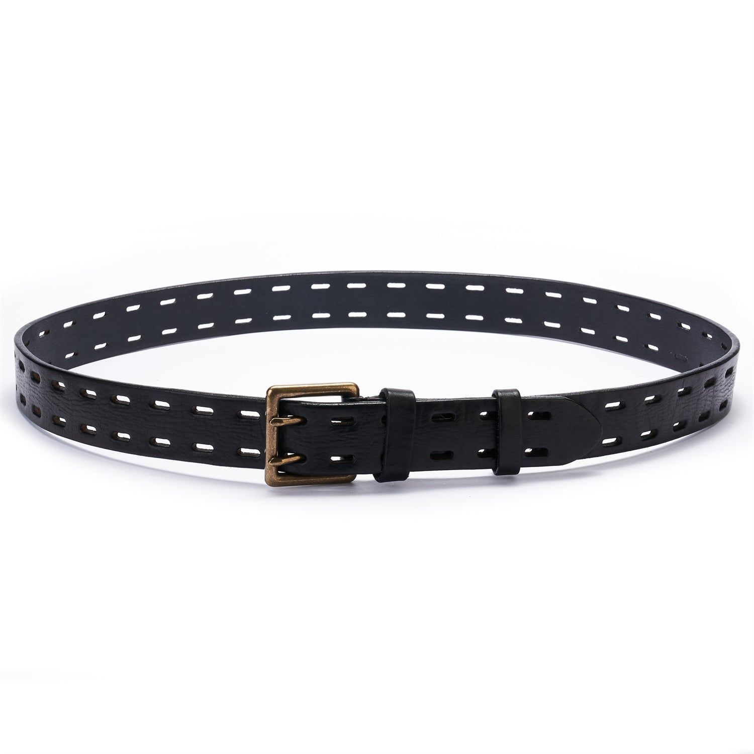 BELTLEY Black Double Prong Leather Belt for Men -100% Full-Grain