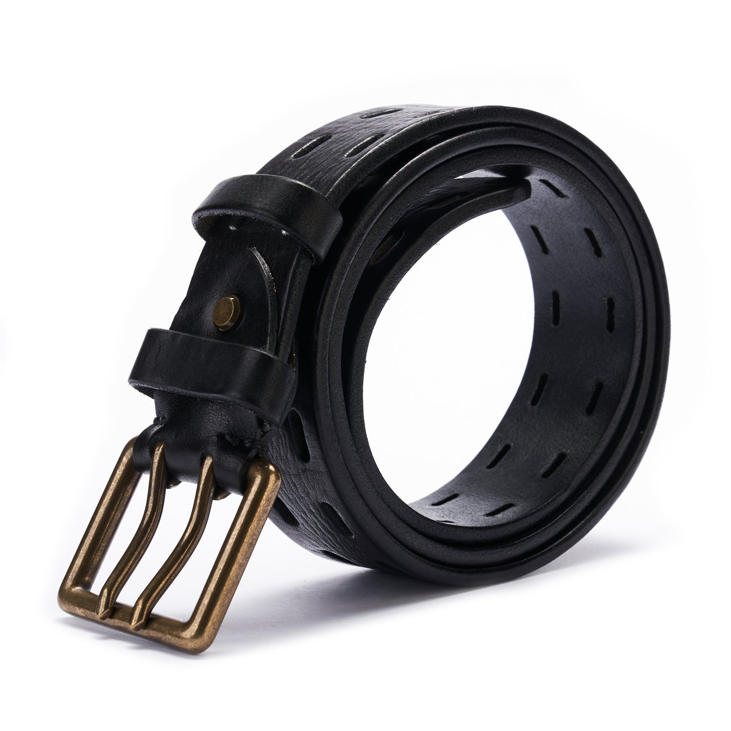 BELTLEY Black Double Prong Leather Belt for Men -100% Full-Grain