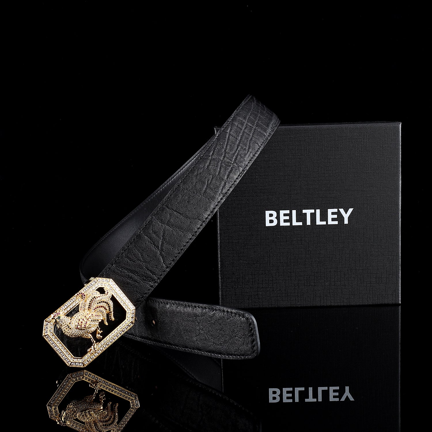 BELTLEY Black Elephant Hide Belt for Gentlemen — With Rooster Buckle 1.5" Ultra-Luxury Edition