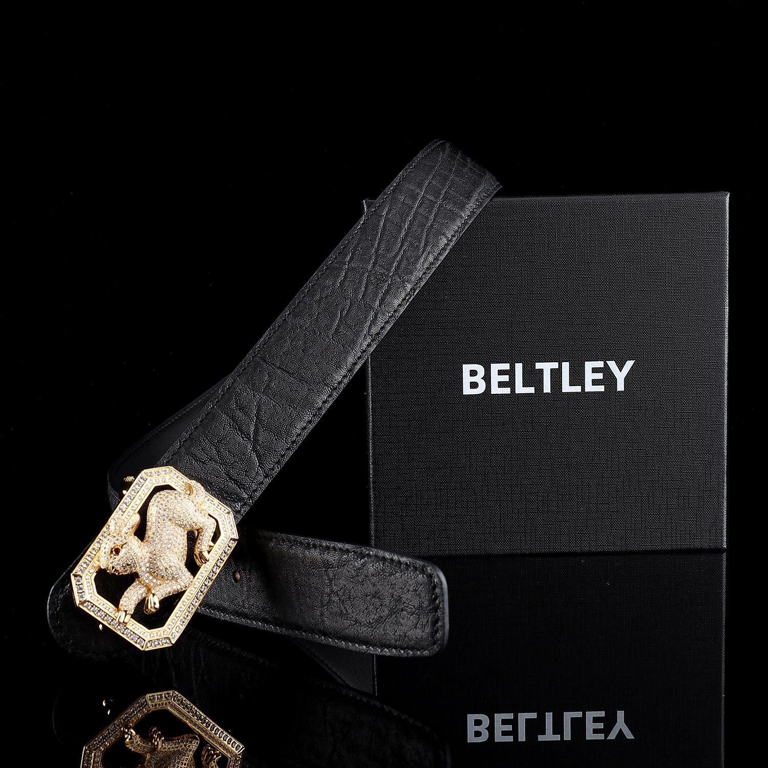 BELTLEY Black Elephant Hide Belt with Jewelry Grade Rabbit Buckle