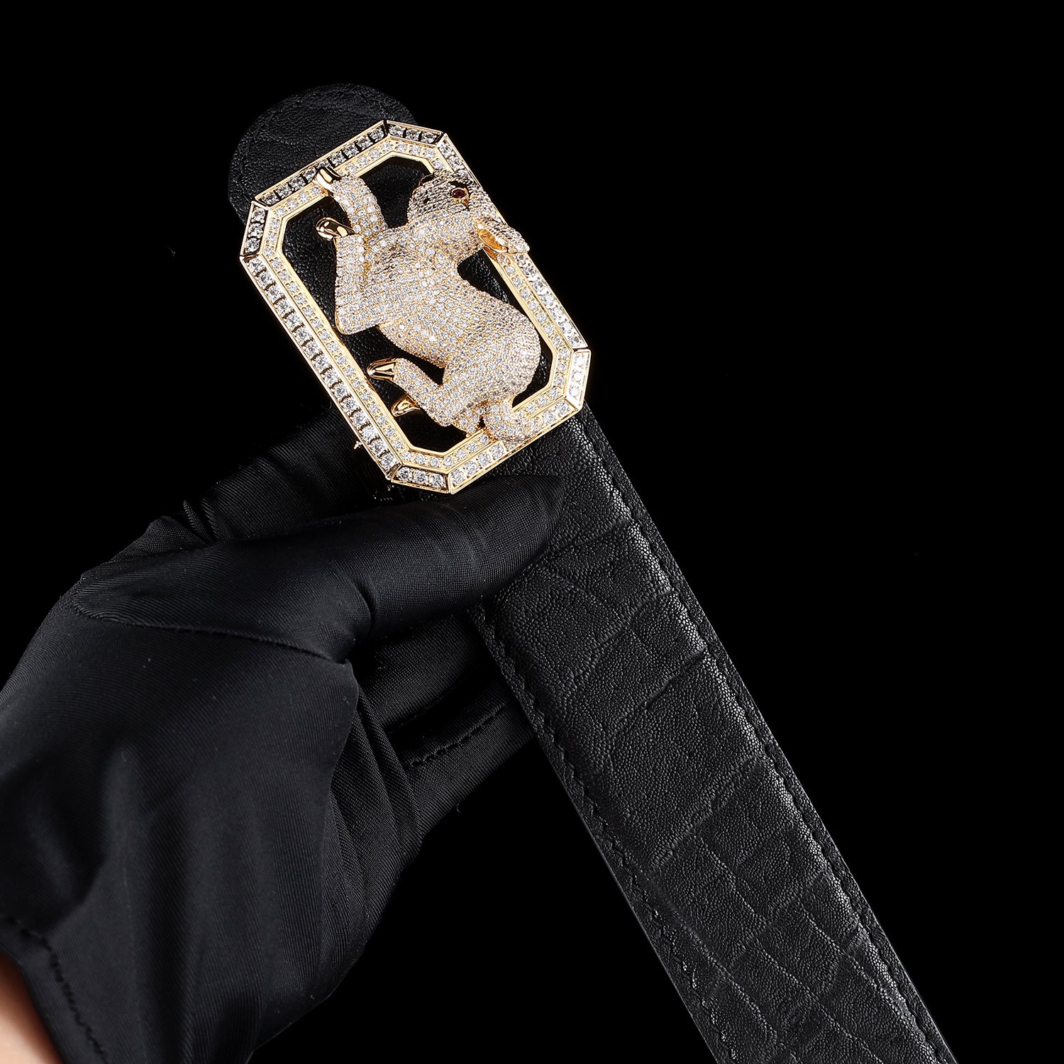 BELTLEY Black Elephant Hide Belt with Jewelry Grade Rabbit Buckle