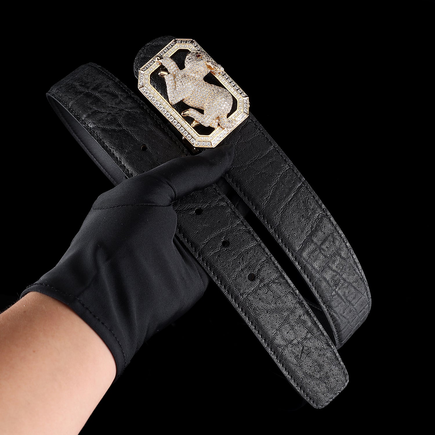 BELTLEY Black Elephant Hide Belt with Jewelry Grade Rabbit Buckle