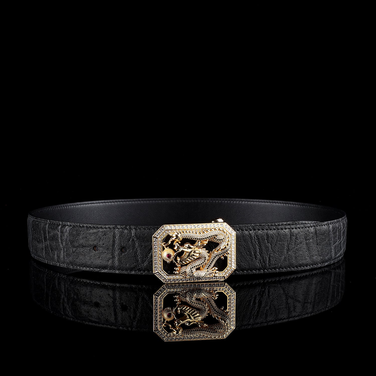 BELTLEY Black Elephant Skin Belt 1.5 Inches - Chinese Long Buckle