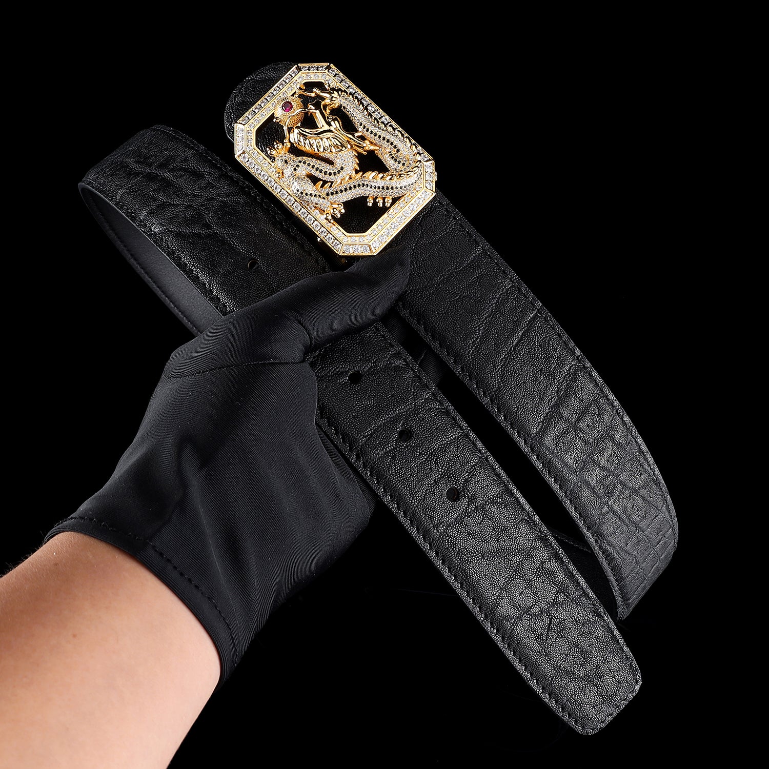 BELTLEY Black Elephant Skin Belt 1.5 Inches - Chinese Long Buckle