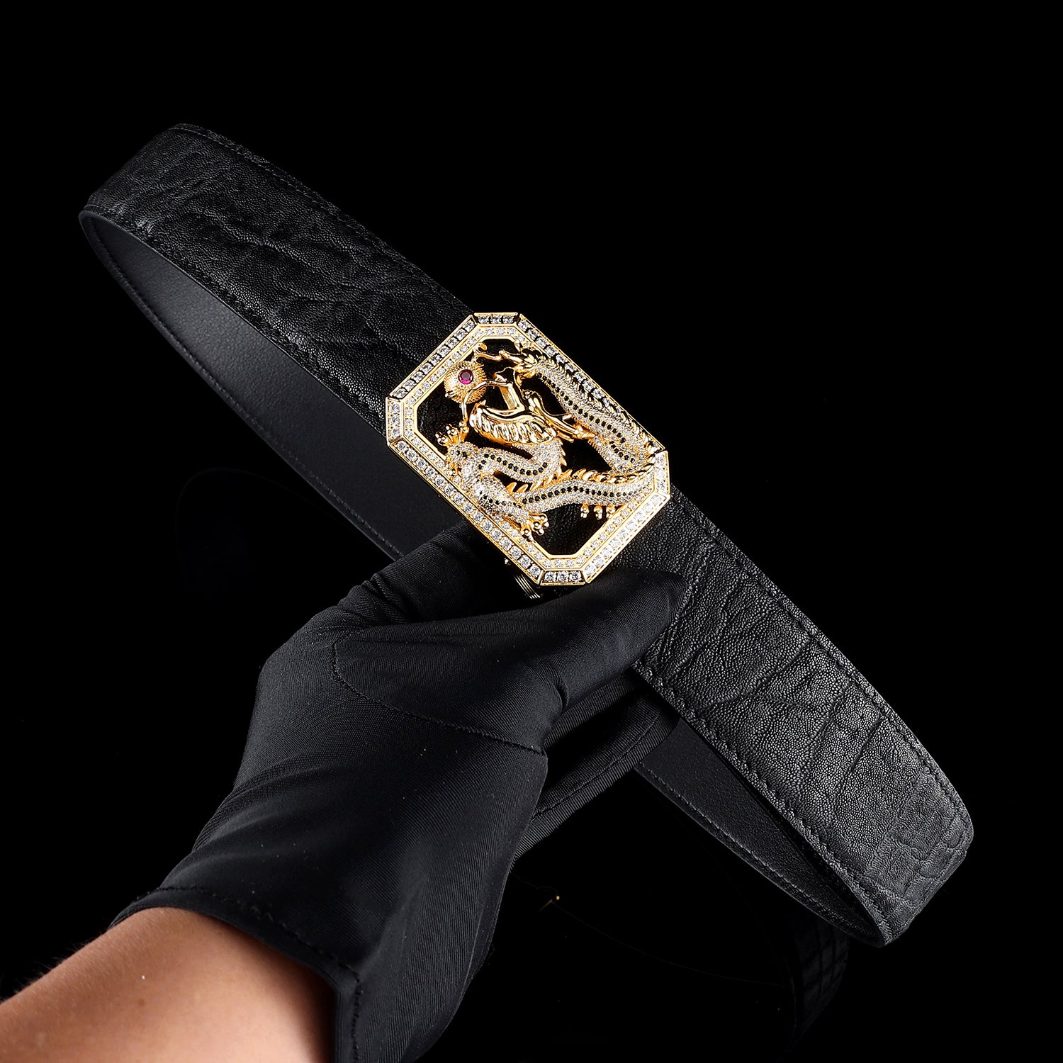 BELTLEY Black Elephant Skin Belt 1.5 Inches - Chinese Long Buckle