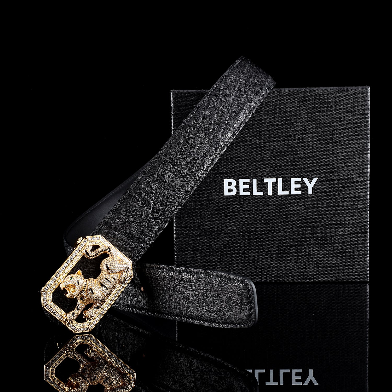 BELTLEY Black Elephant Skin Belt — 1.5" Luxury Tiger Buckle
