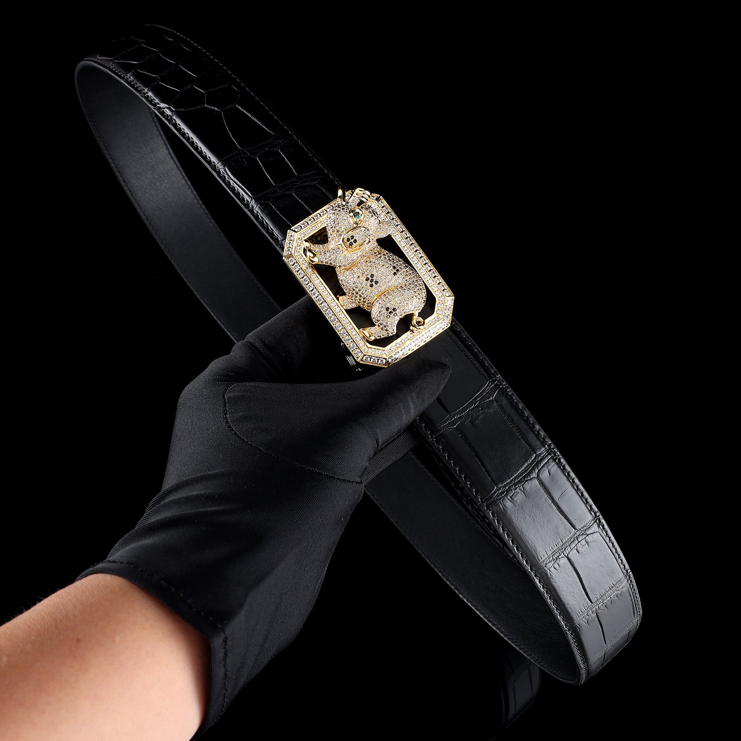 BELTLEY Black Exotic Crocodile Belt for Men-12 Zodiac Pig Buckle Belt
