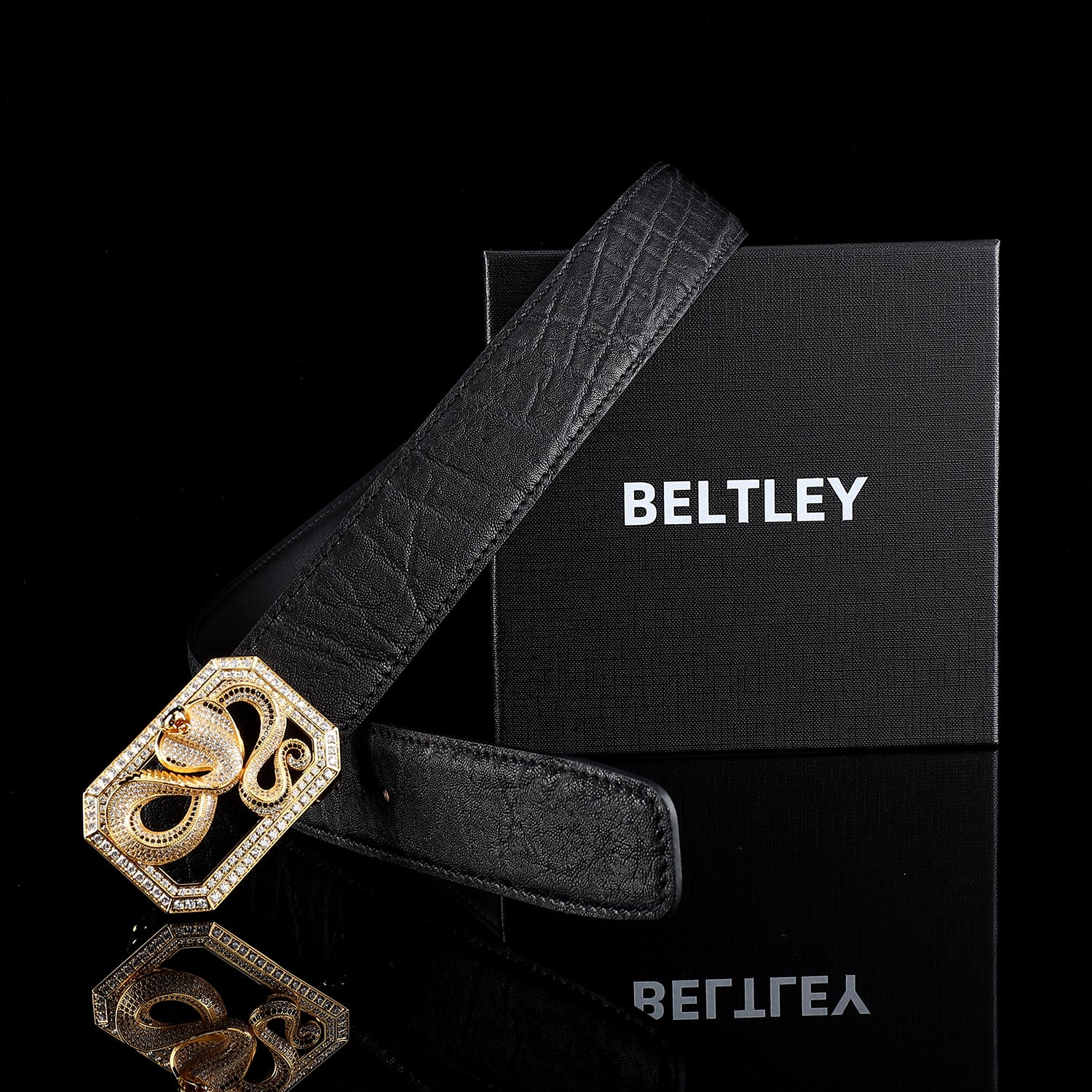 BELTLEY Men’s Black Elephant Skin Belt - Gold Plated Horse Buckle-1.5 Inches