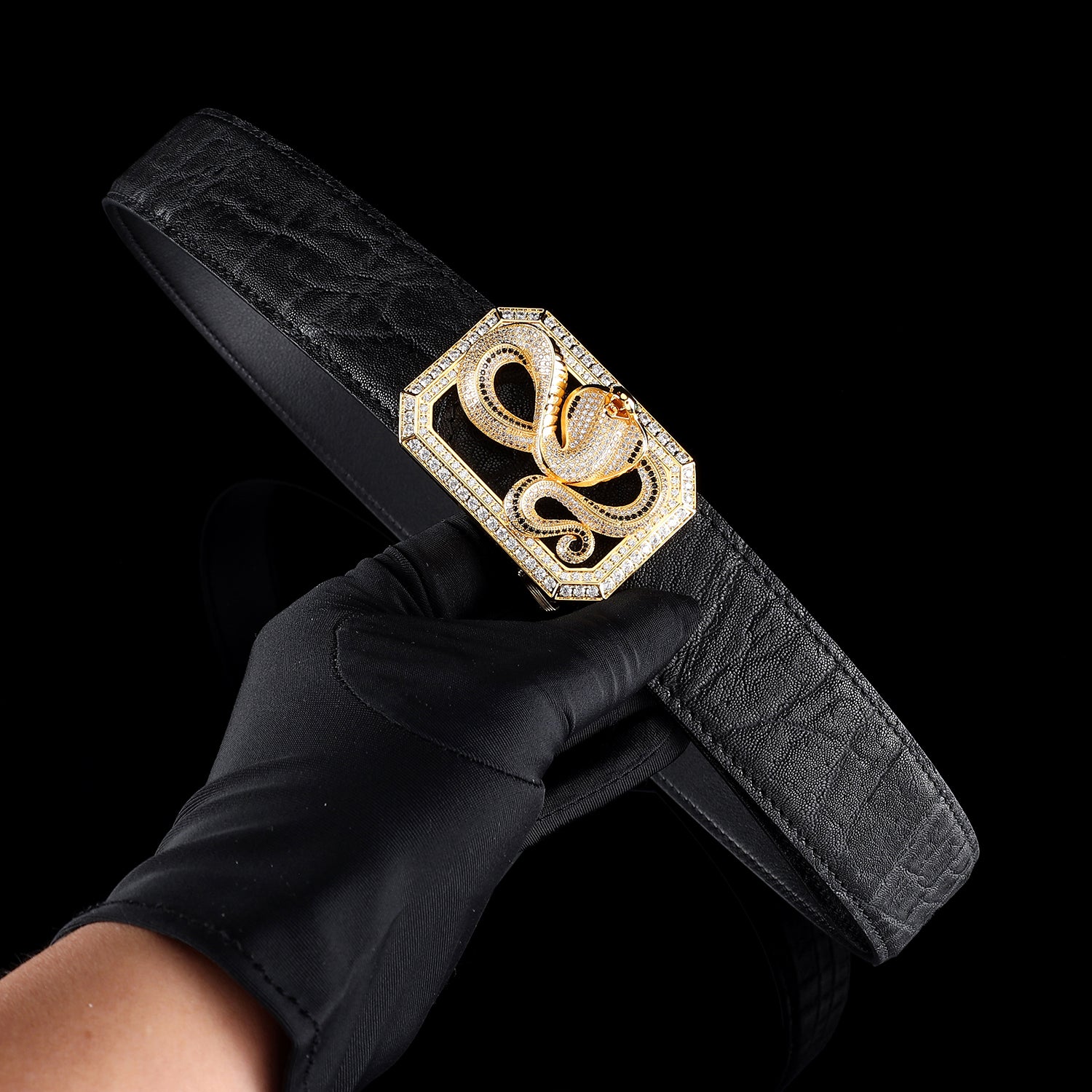 BELTLEY Black Genuine Elephant Hide Belt- Gold Plated Snake Buckle. 1.5 inches