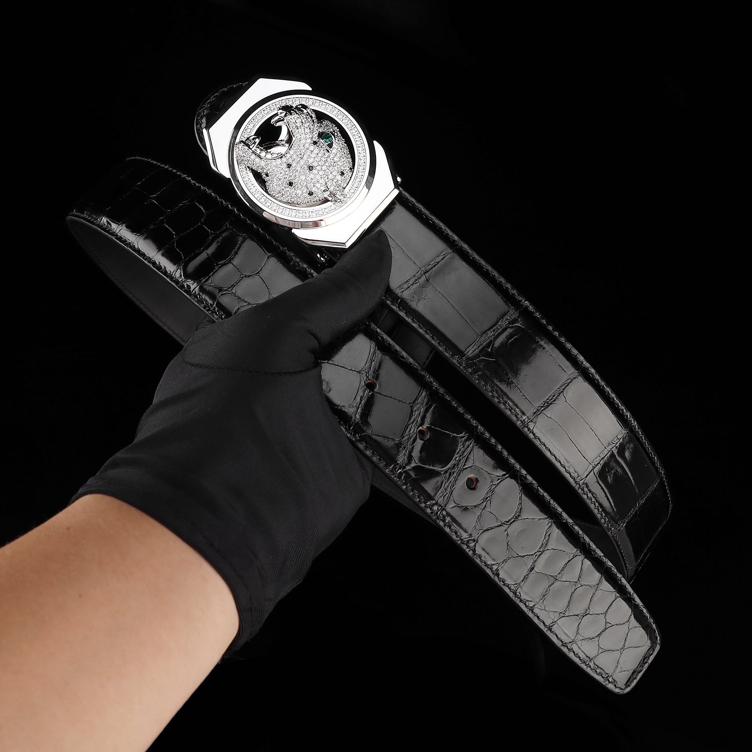 BELTLEY Black Glazed Finish Crocodile Belt with Leopard Buckle