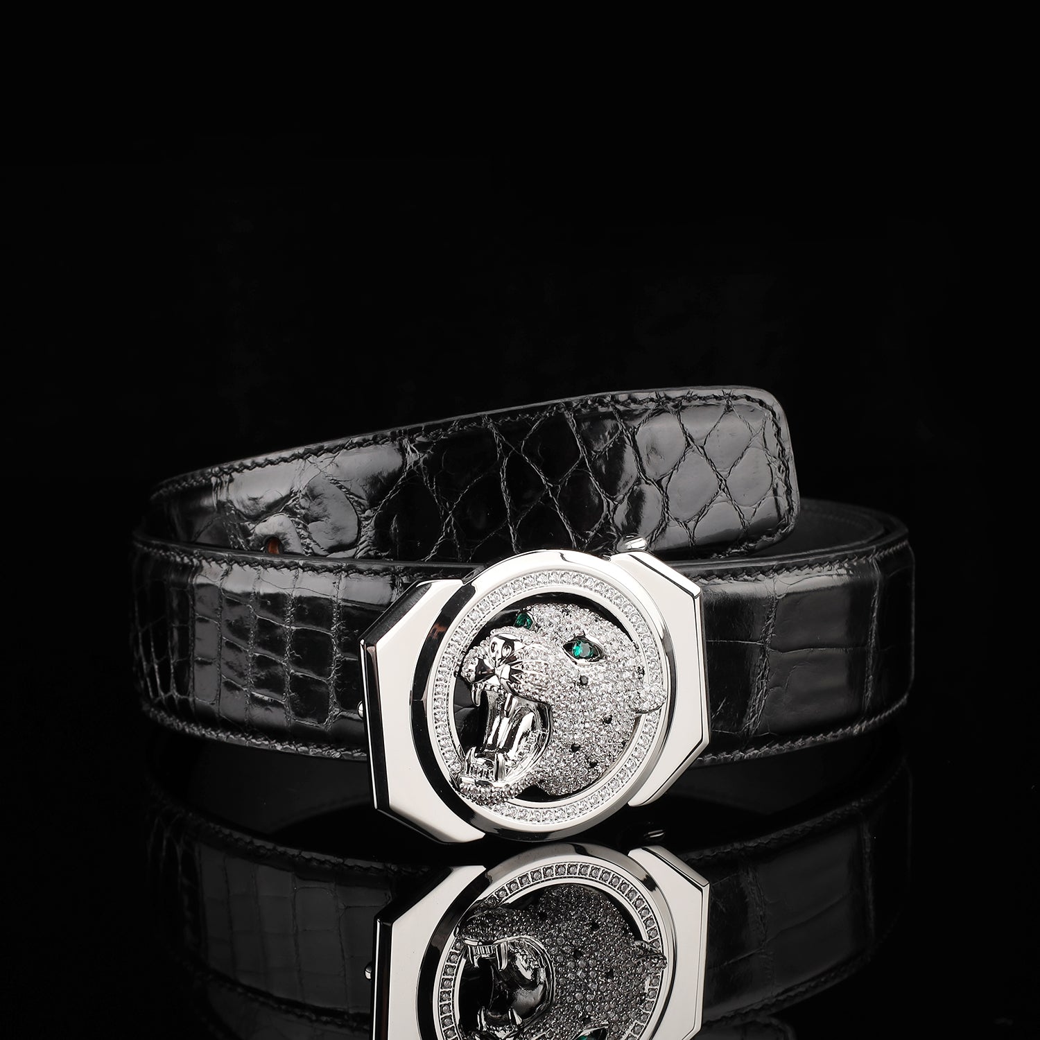 BELTLEY Black Glazed Finish Crocodile Belt with Leopard Buckle