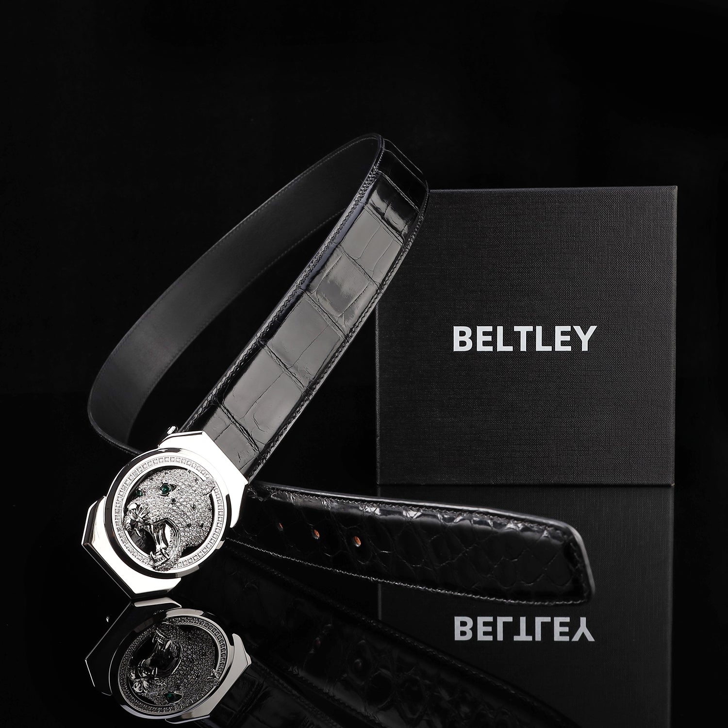 BELTLEY Black Glazed Finish Crocodile Belt with Leopard Buckle