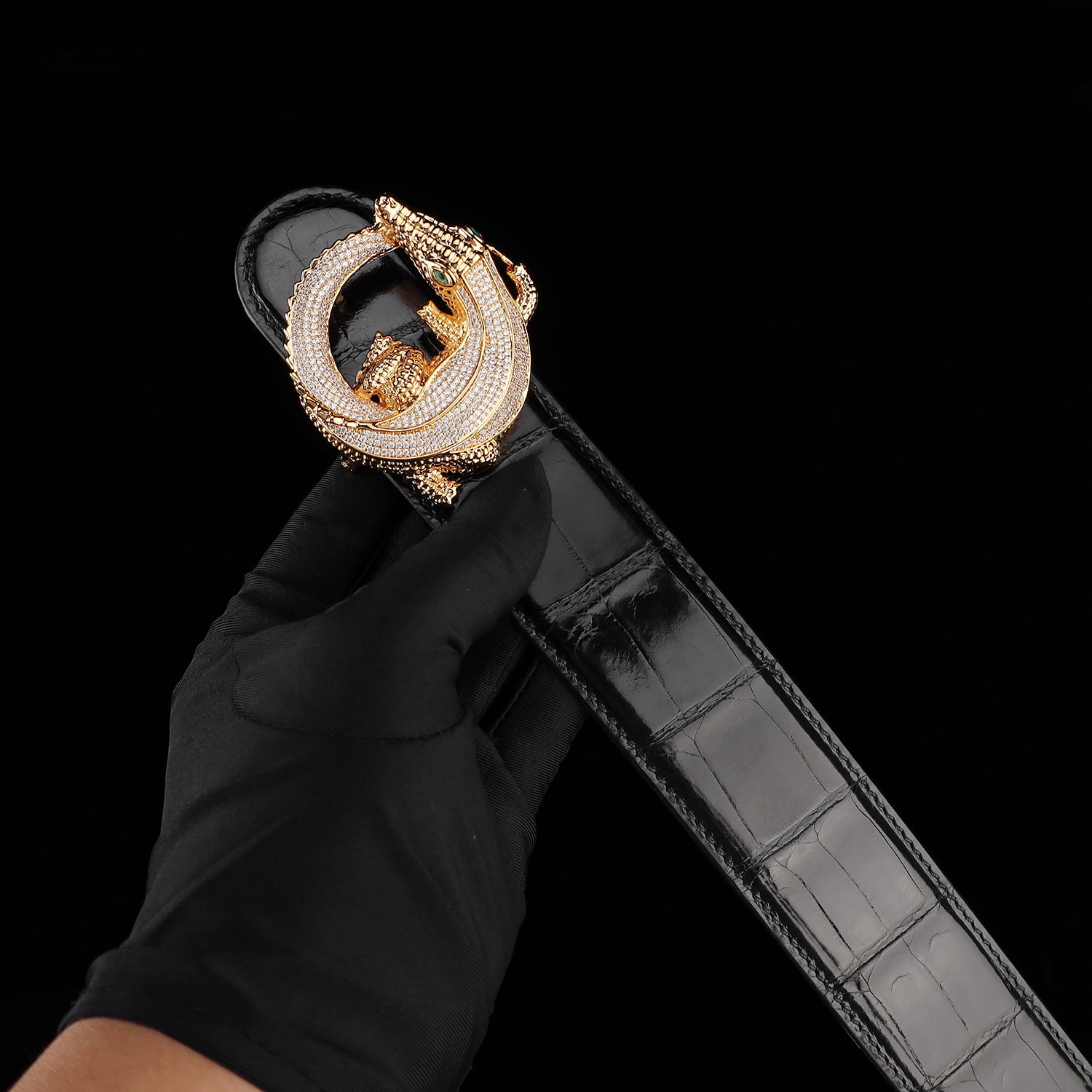 BELTLEY Black Glazed Nile Crocodile Leather Belt