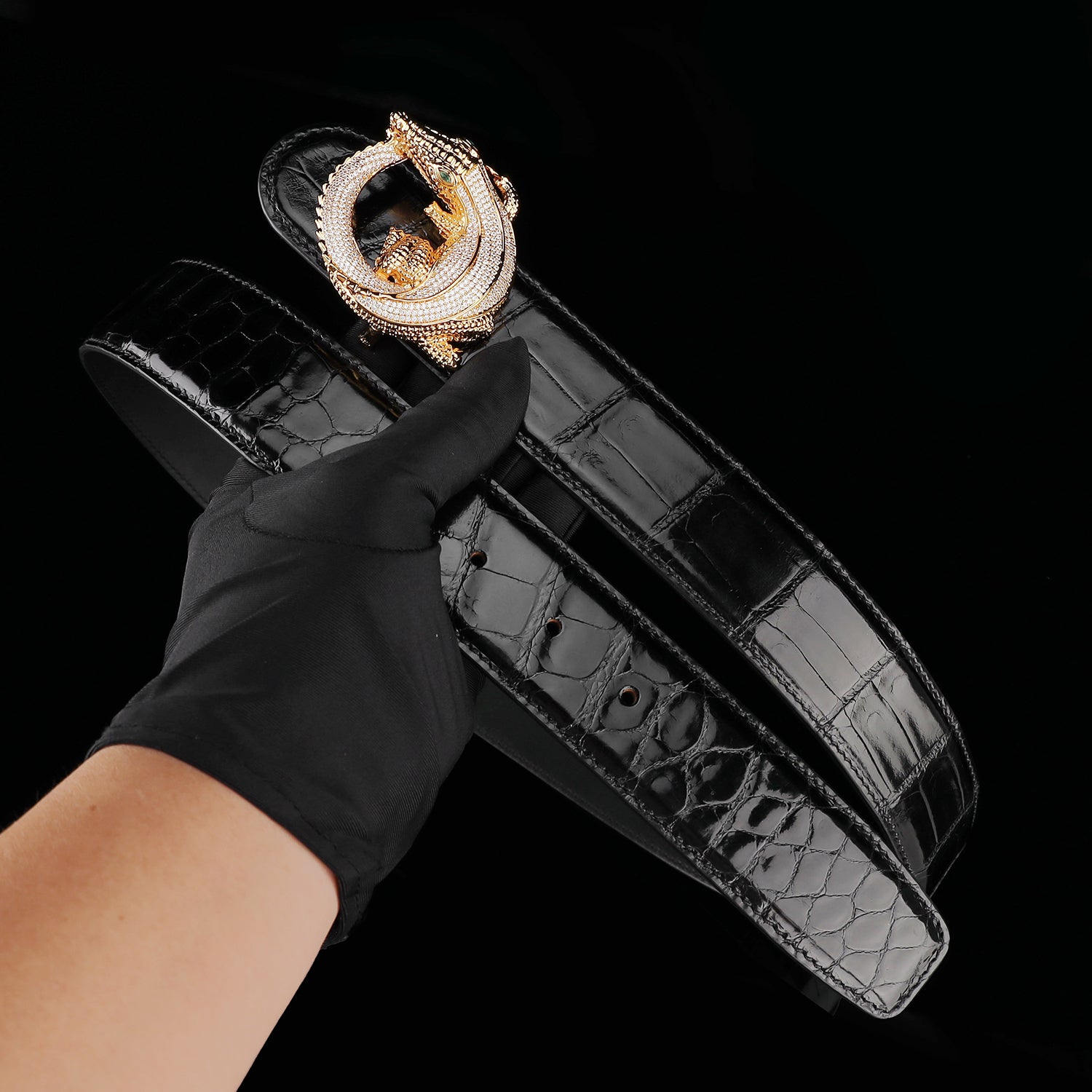 BELTLEY Black Glazed Nile Crocodile Leather Belt
