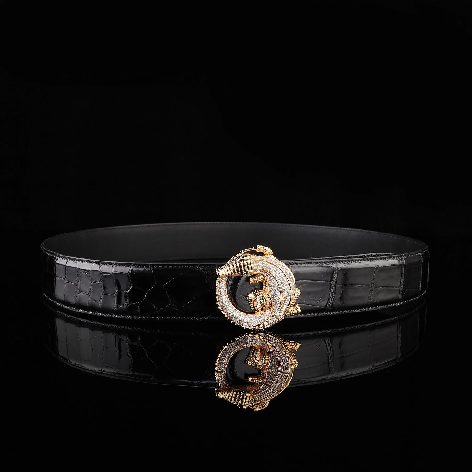 BELTLEY Black Glazed Nile Crocodile Leather Belt