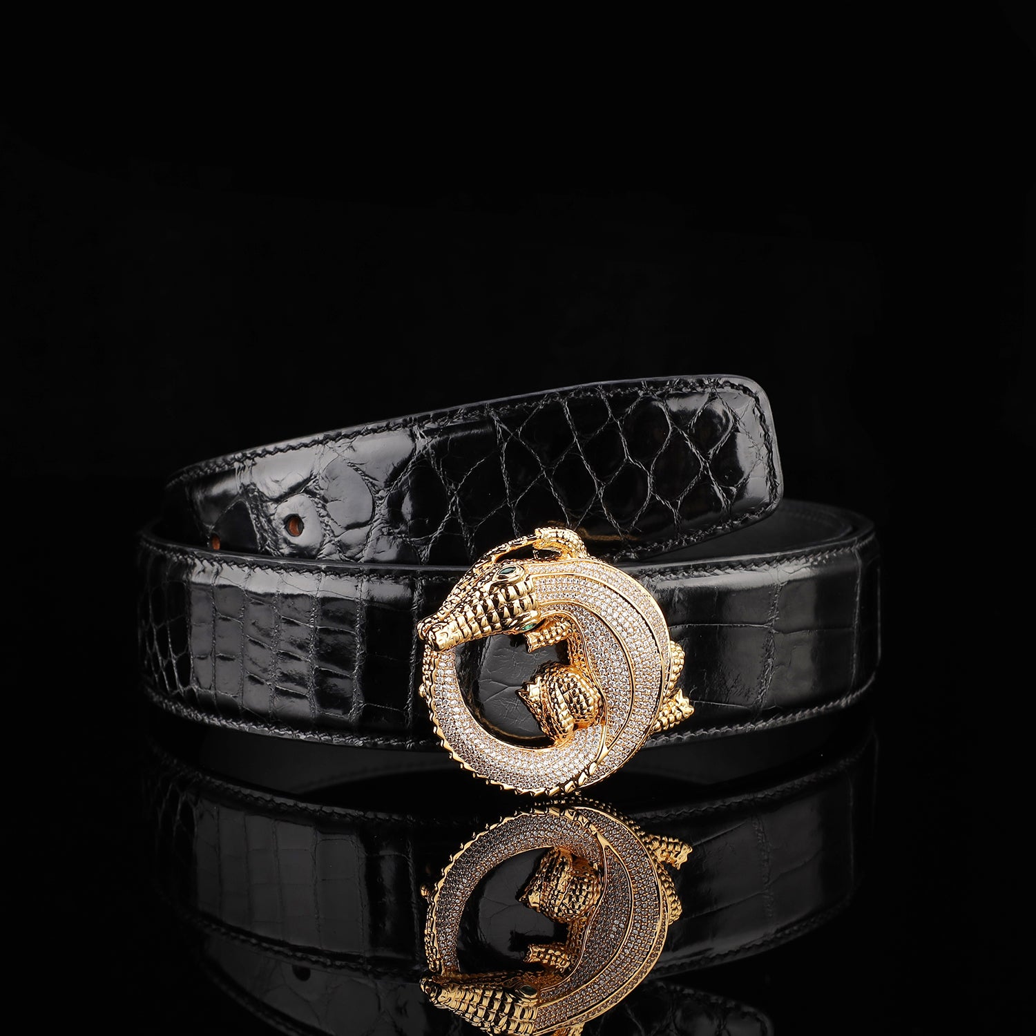 BELTLEY Black Glazed Nile Crocodile Leather Belt