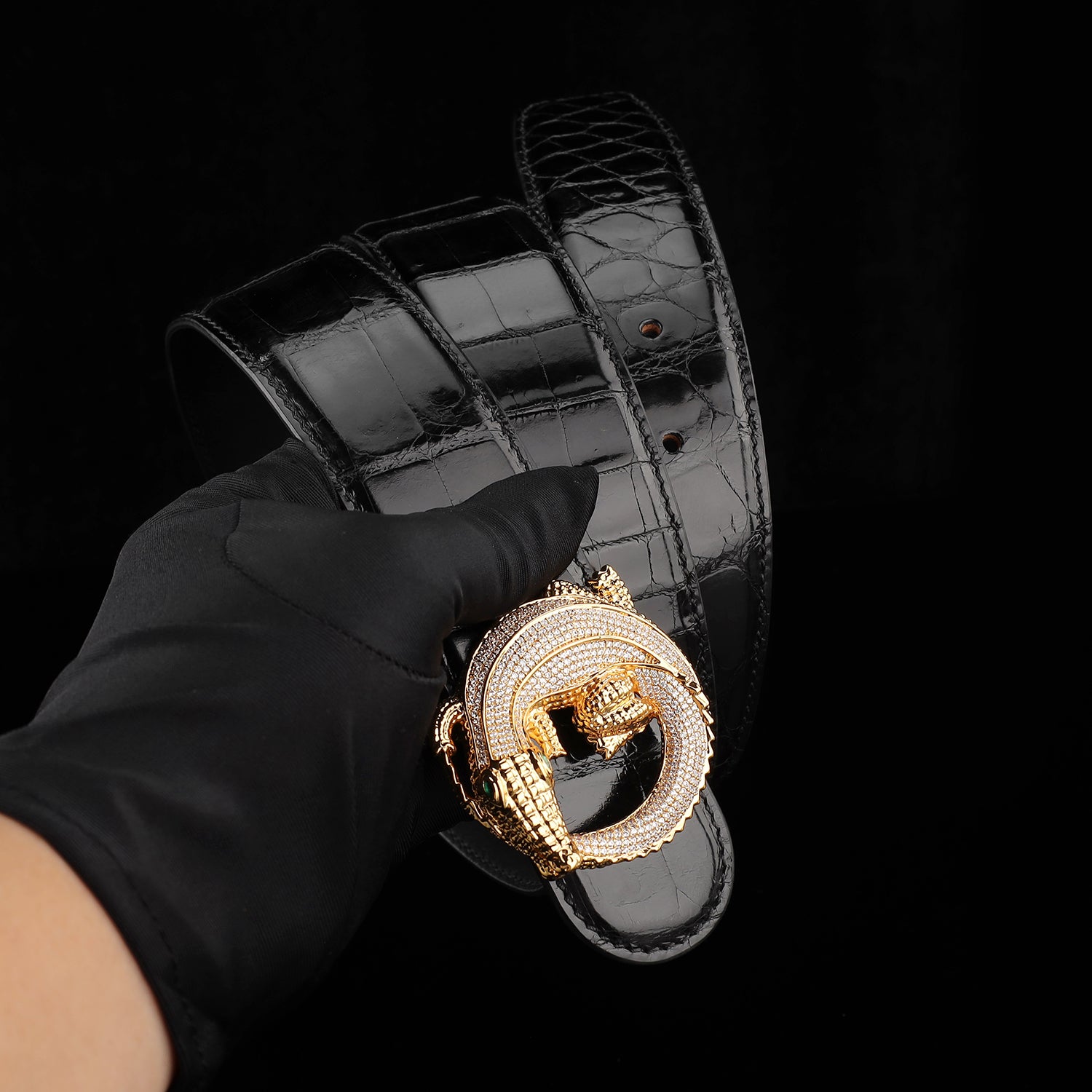 BELTLEY Black Glazed Nile Crocodile Leather Belt