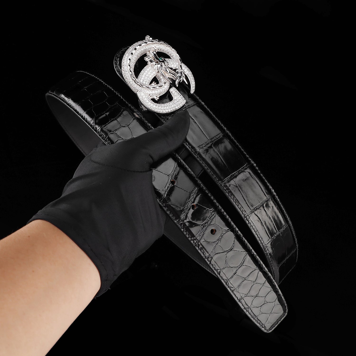 BELTLEY Black Glossy Crocodile Leather Belt for Men