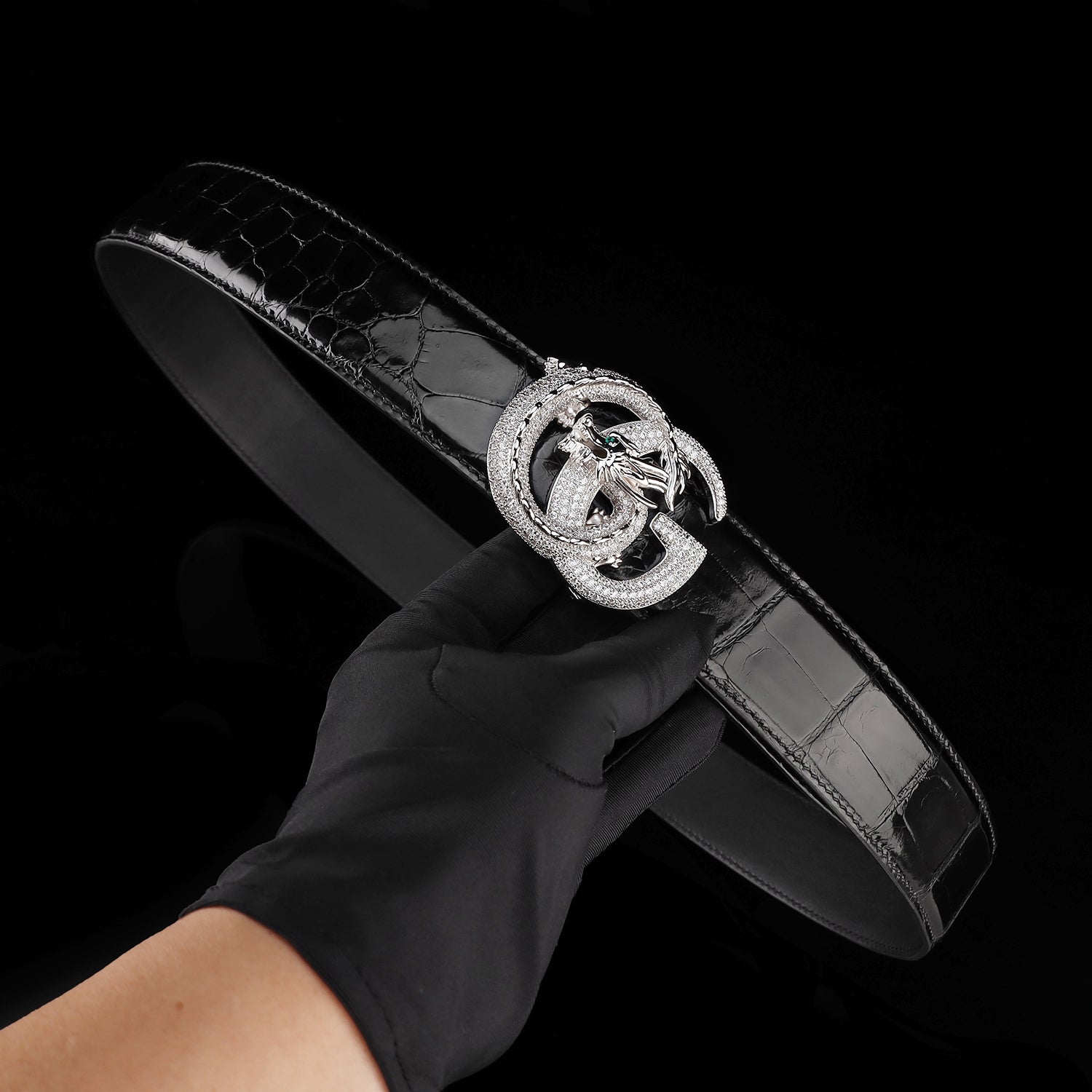 BELTLEY Black Glossy Crocodile Leather Belt for Men