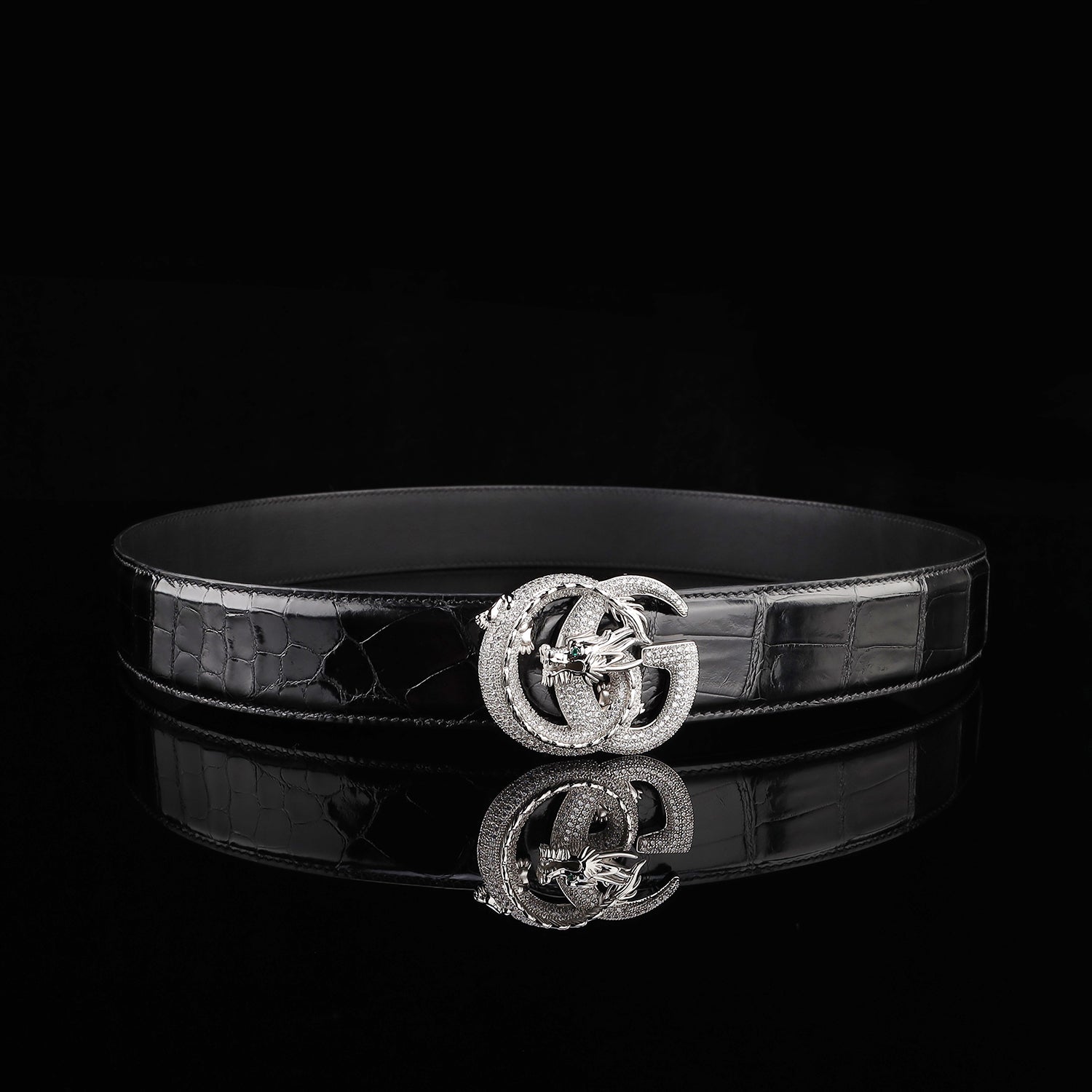 BELTLEY Black Glossy Crocodile Leather Belt for Men