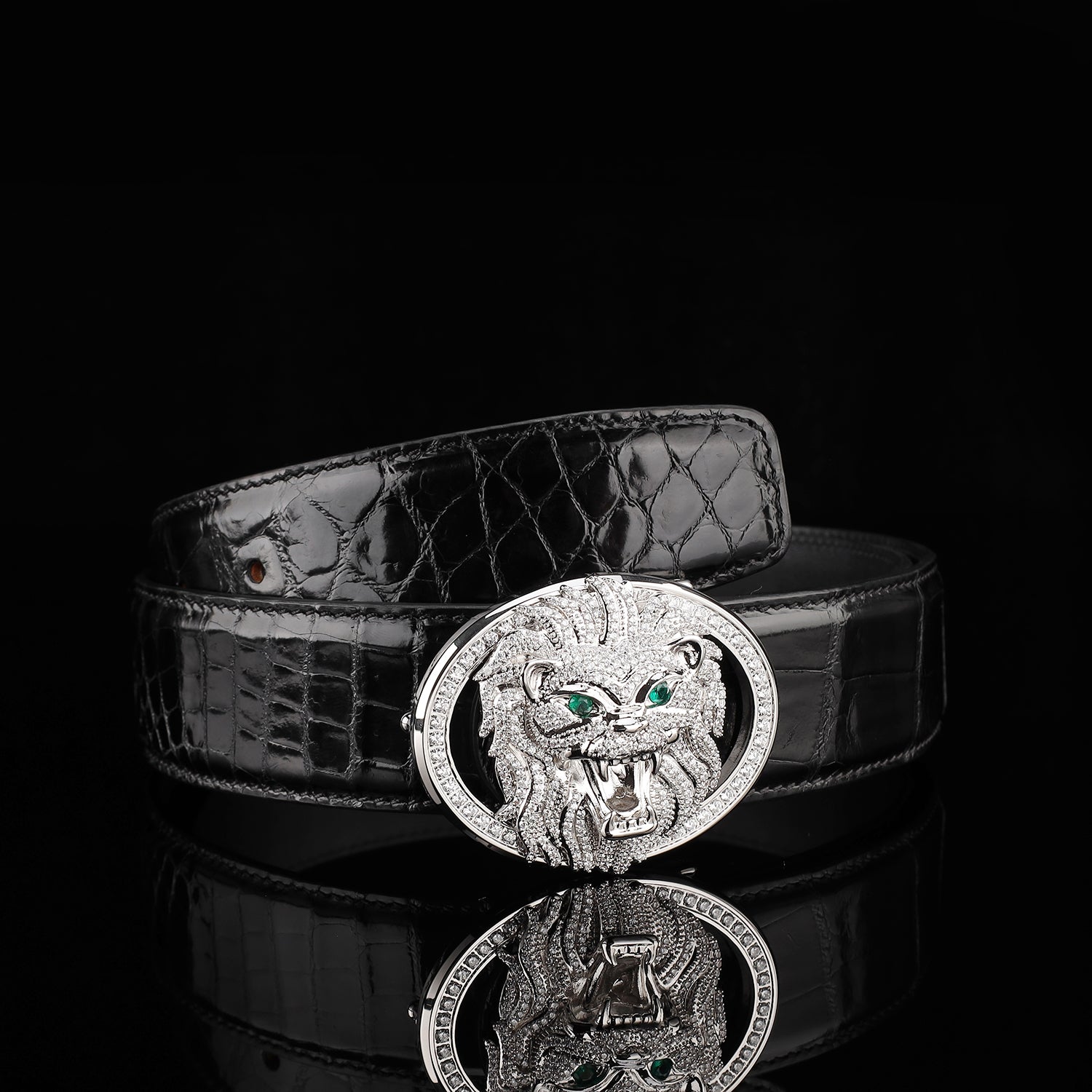 BELTLEY Black High Gloss Crocodile Belt with Lion Buckle