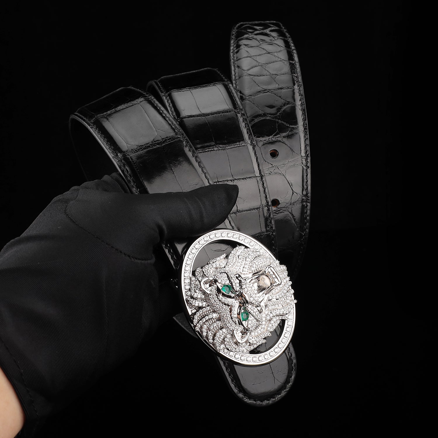 BELTLEY Black High Gloss Crocodile Belt with Lion Buckle