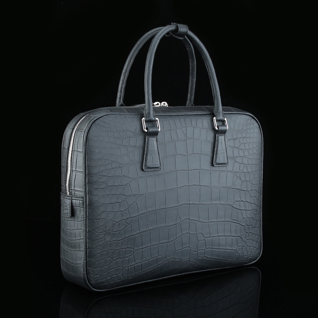 BELTLEY Black Matte Crocodile Briefcase | Real Crocodile Leather Business Bag