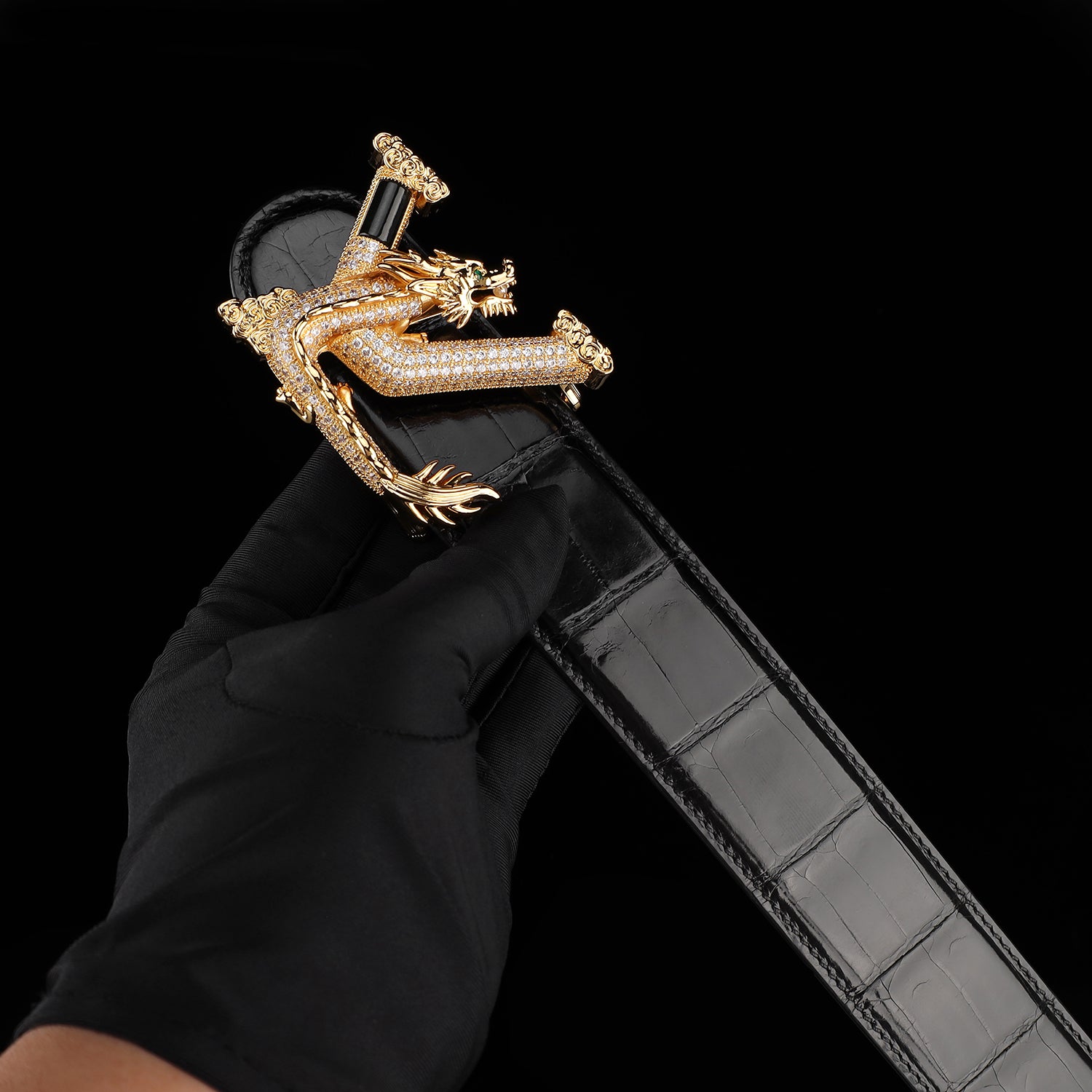 BELTLEY Black Mirror Finish Crocodile Belt with Dragon V Buckle