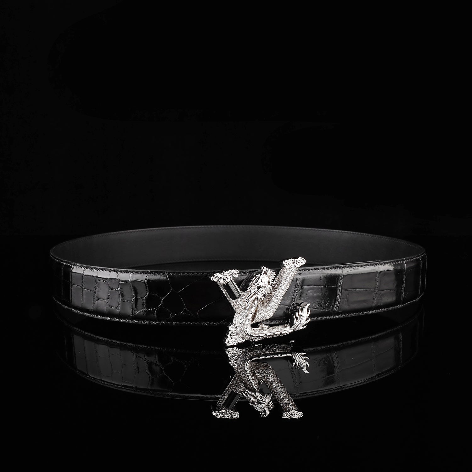 BELTLEY Black Mirror Finish Crocodile Belt with Dragon V Buckle