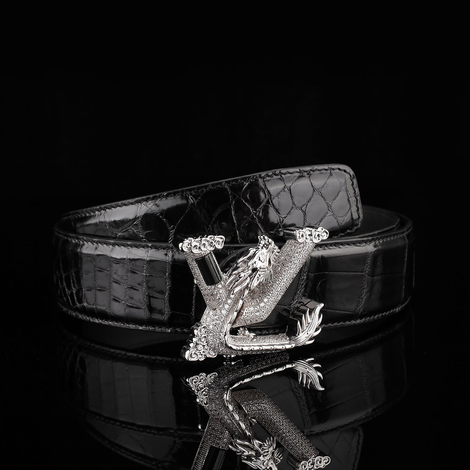 BELTLEY Black Mirror Finish Crocodile Belt with Dragon V Buckle