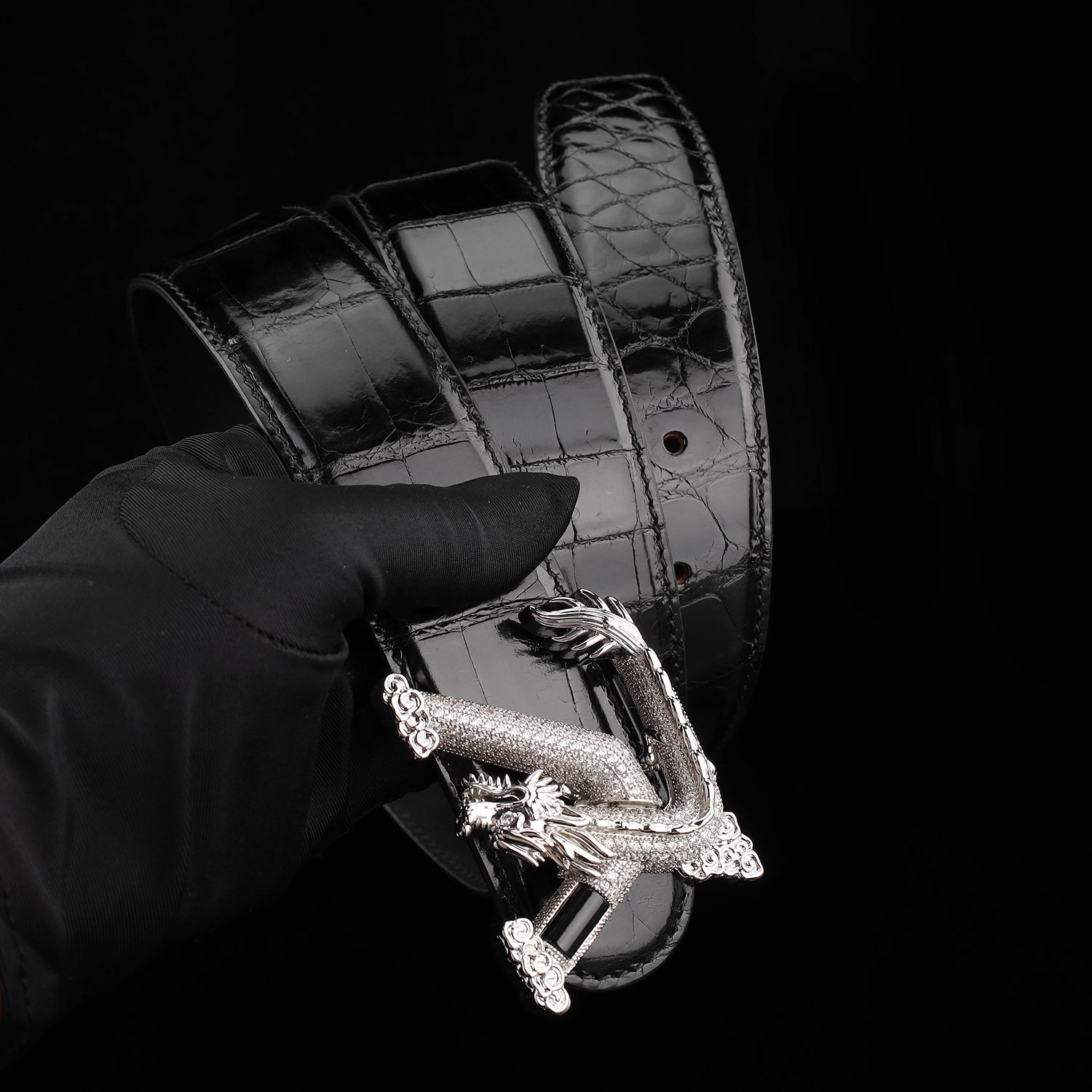 BELTLEY Black Mirror Finish Crocodile Belt with Dragon V Buckle