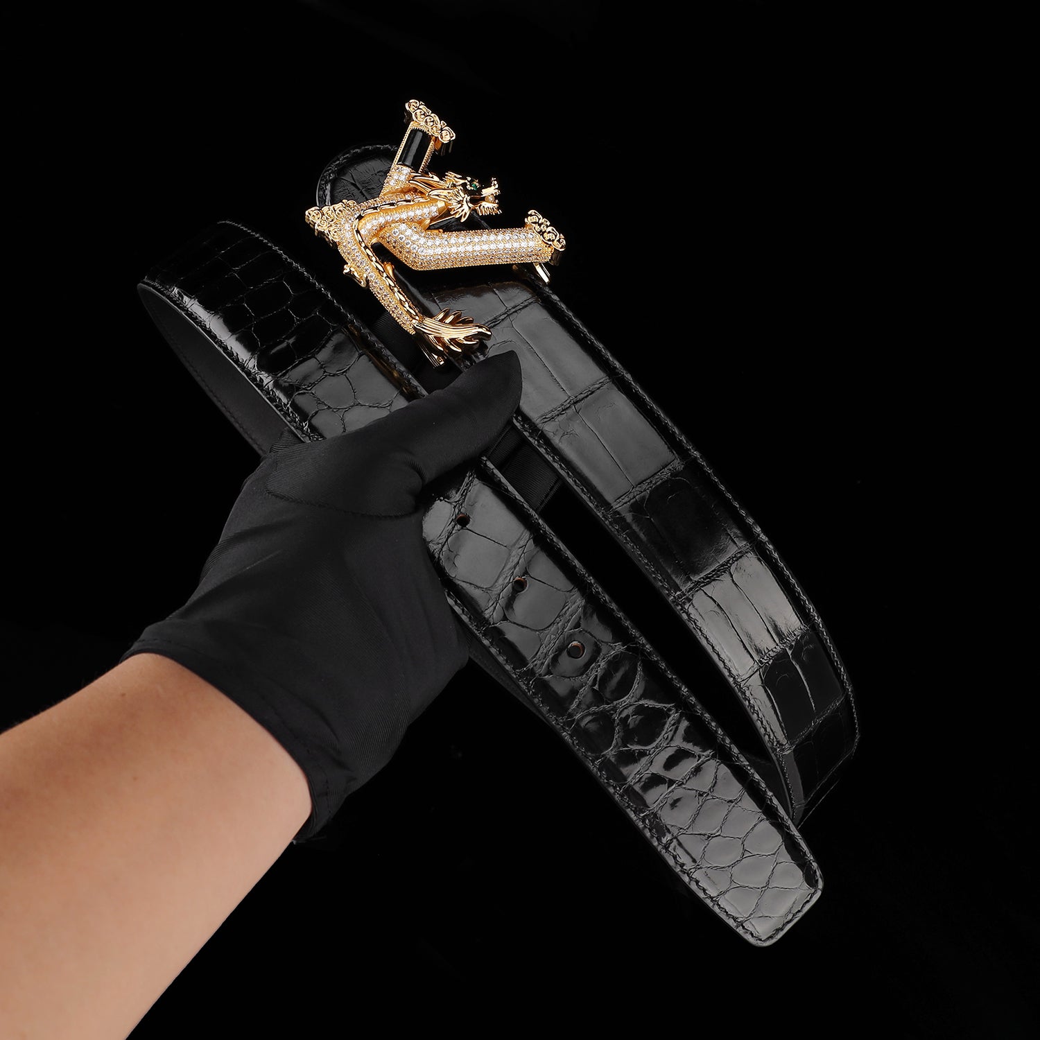 BELTLEY Black Mirror Finish Crocodile Belt with Dragon V Buckle