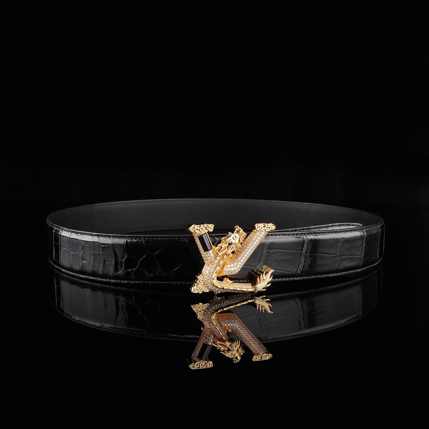 BELTLEY Black Mirror Finish Crocodile Belt with Dragon V Buckle