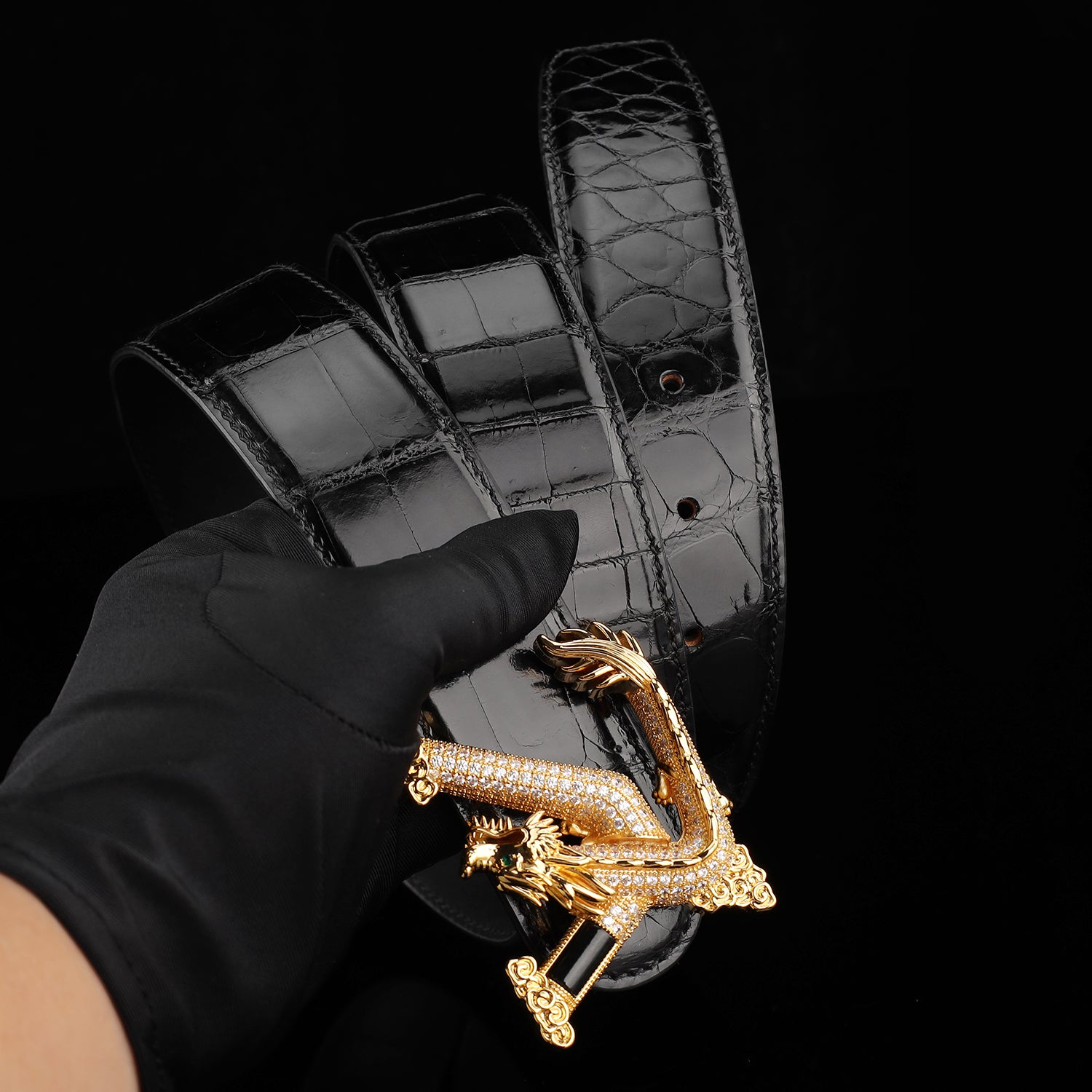BELTLEY Black Mirror Finish Crocodile Belt with Dragon V Buckle