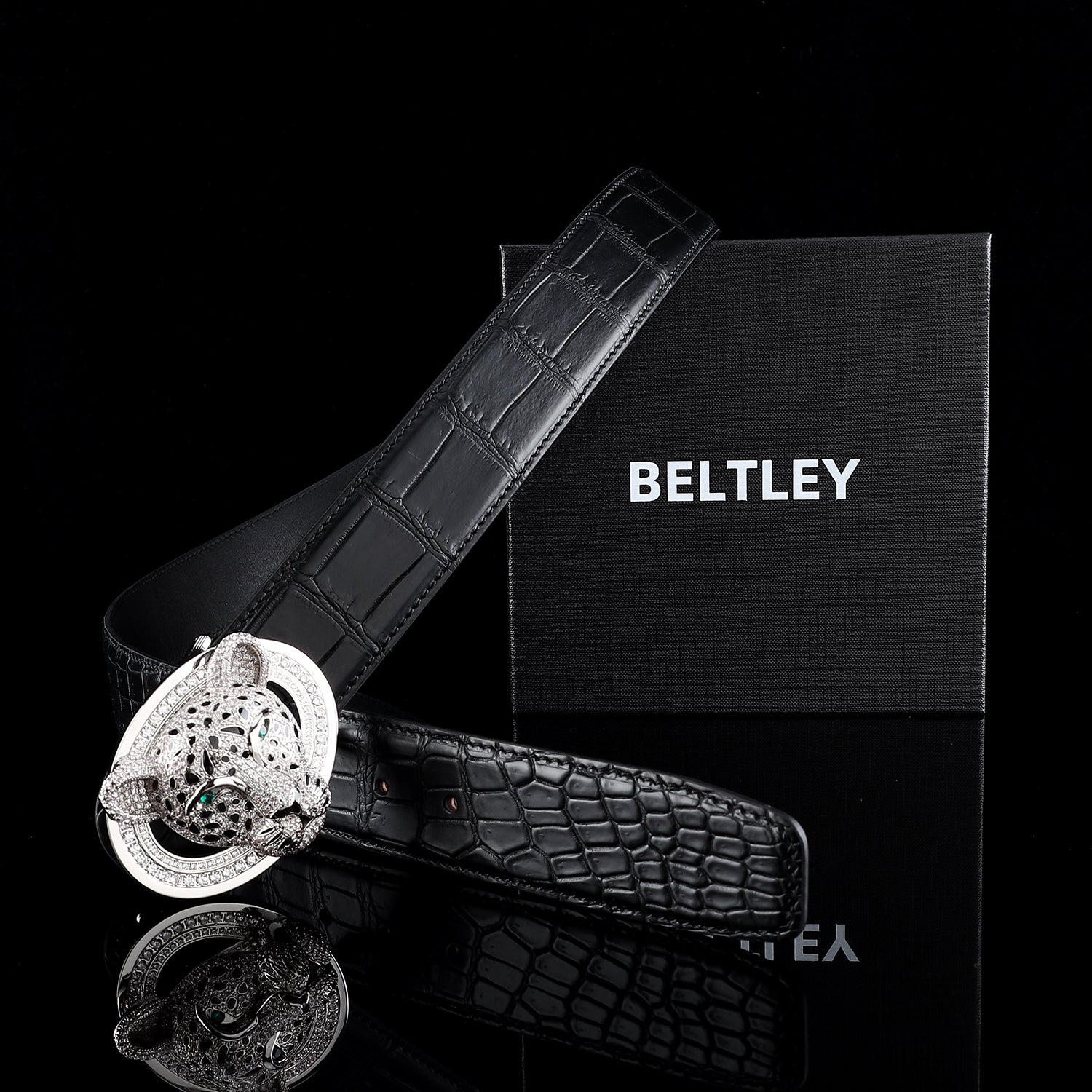 BELTLEY Black Nile Crocodile Belt with 3D Silver Leopard Buckle For Men