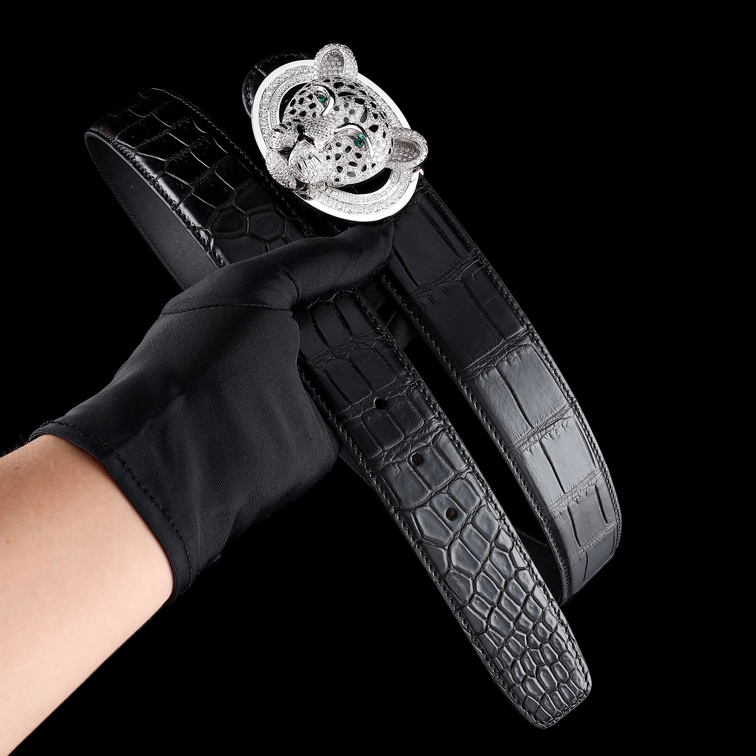 BELTLEY Black Nile Crocodile Belt with 3D Silver Leopard Buckle For Men