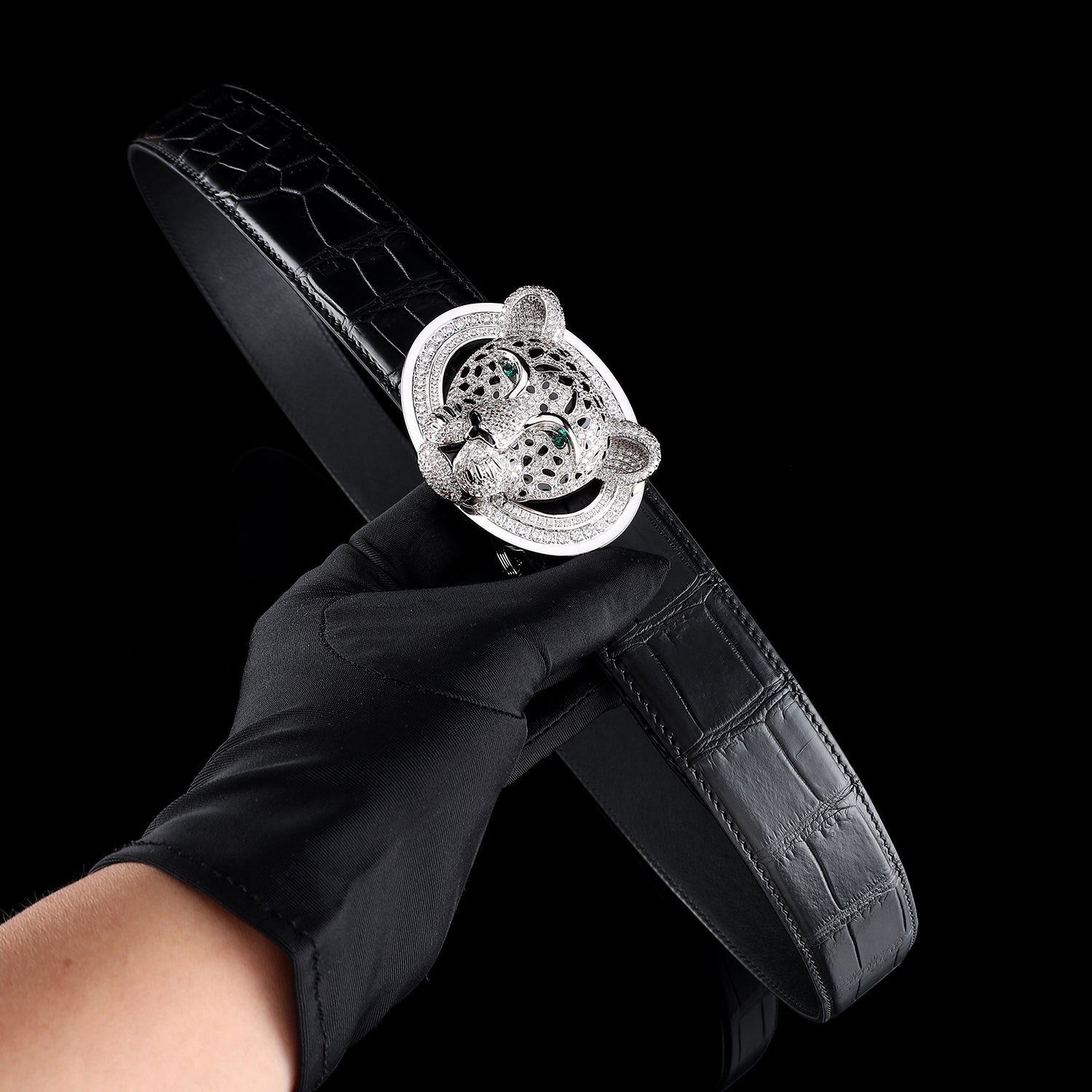 BELTLEY Black Nile Crocodile Belt with 3D Silver Leopard Buckle For Men