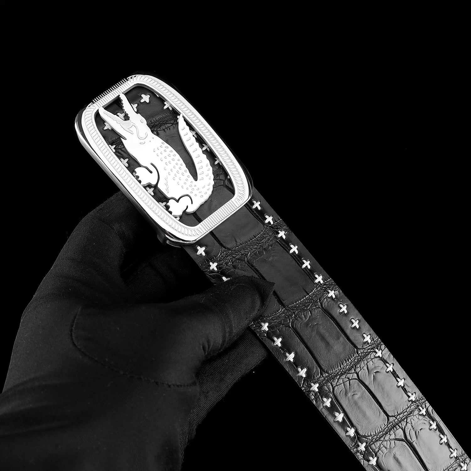 Black Nile Crocodile Leather Belt — detail close-up | BELTLEY