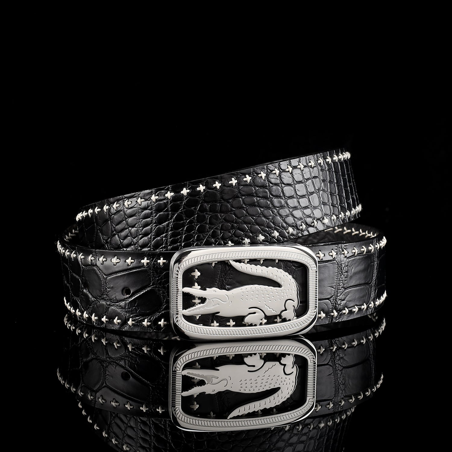 Black Nile Crocodile Leather Belt — lay-flat view | BELTLEY