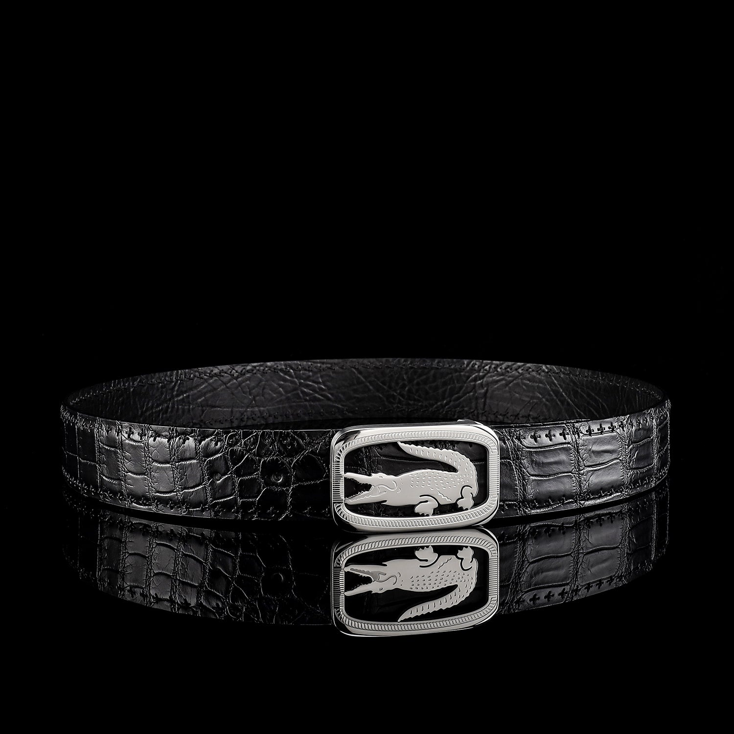 Black Nile Crocodile Leather Belt — side detail | BELTLEY