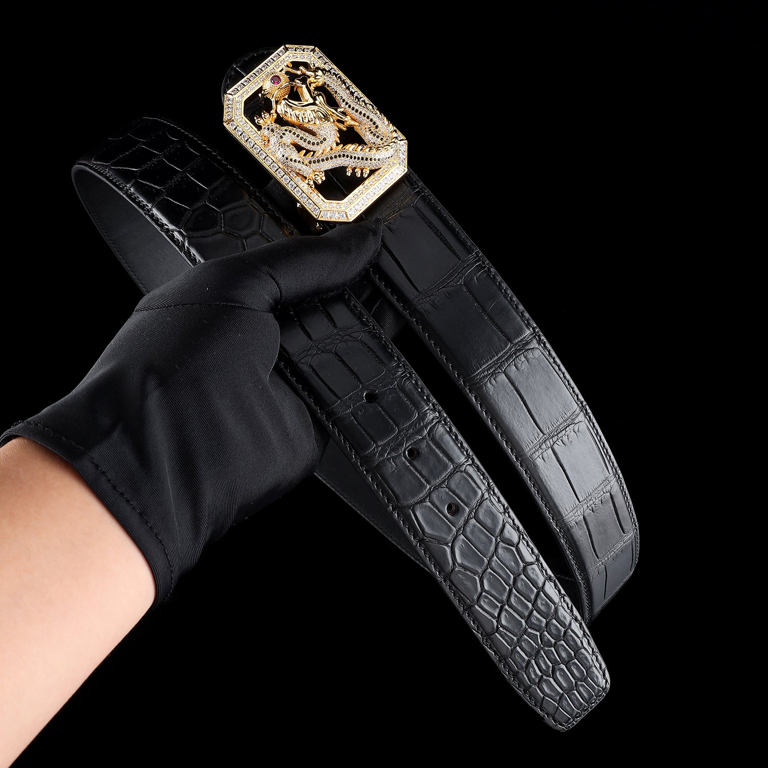 BELTLEY Black Nile Crocodile Leather Belt for Men with Dragon buckle