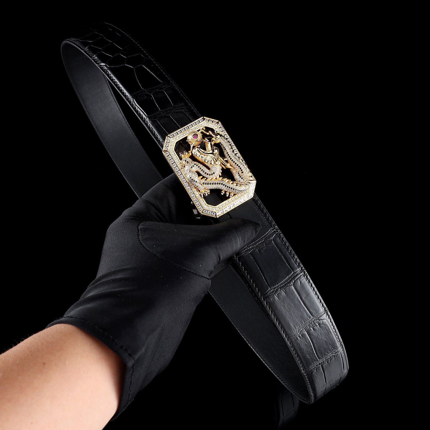 BELTLEY Black Nile Crocodile Leather Belt for Men with Dragon buckle