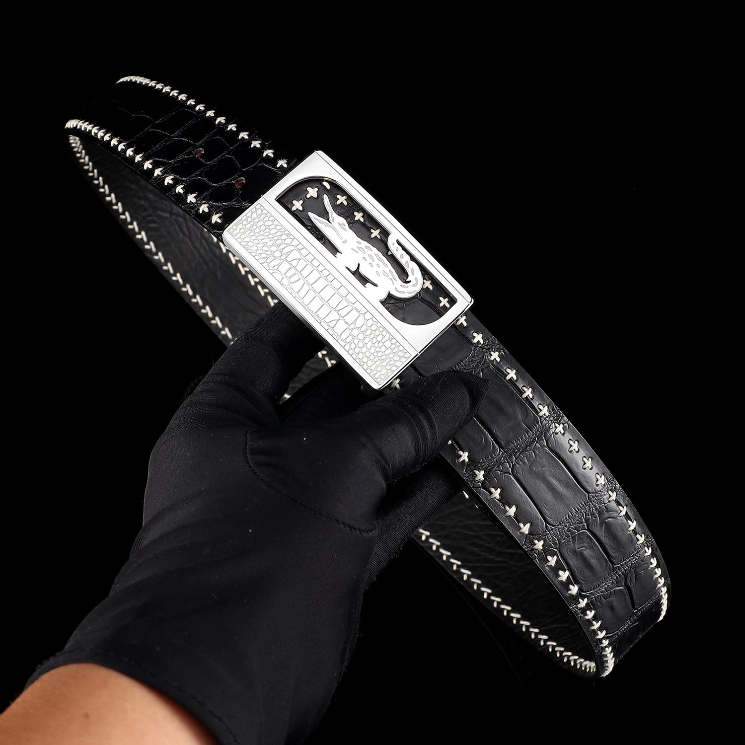 Black Nile Crocodile Leather Belt with Crocodile Plaque Buckle — reverse side | BELTLEY