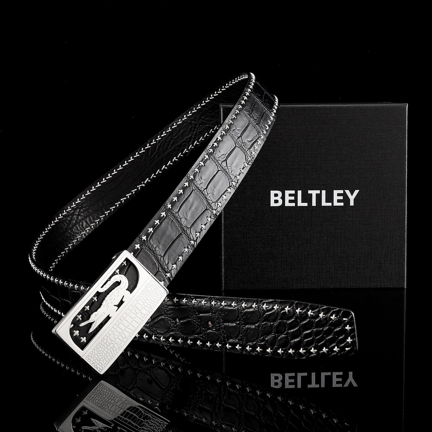 Black Nile Crocodile Leather Belt with Crocodile Plaque Buckle — detail close-up | BELTLEY
