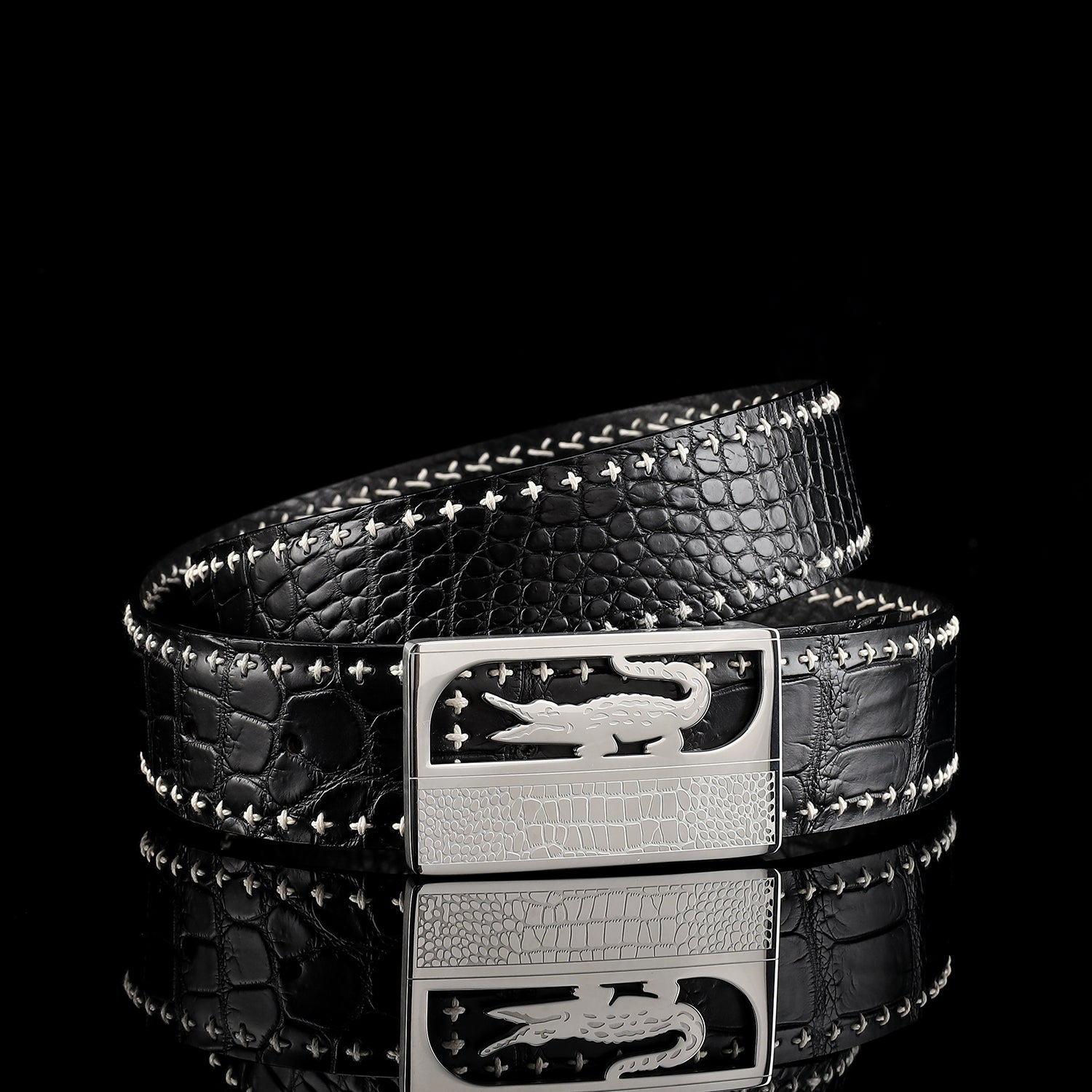 Black Nile Crocodile Leather Belt with Crocodile Plaque Buckle — buckle close-up | BELTLEY