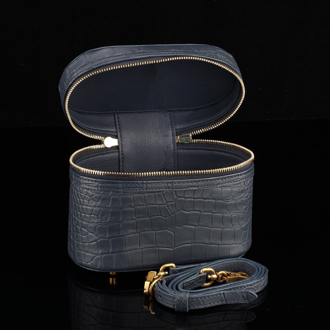 BELTLEY Black Nile Crocodile Vanity Case with Bamboo Handle