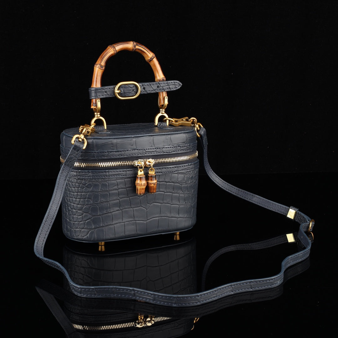 BELTLEY Black Nile Crocodile Vanity Case with Bamboo Handle