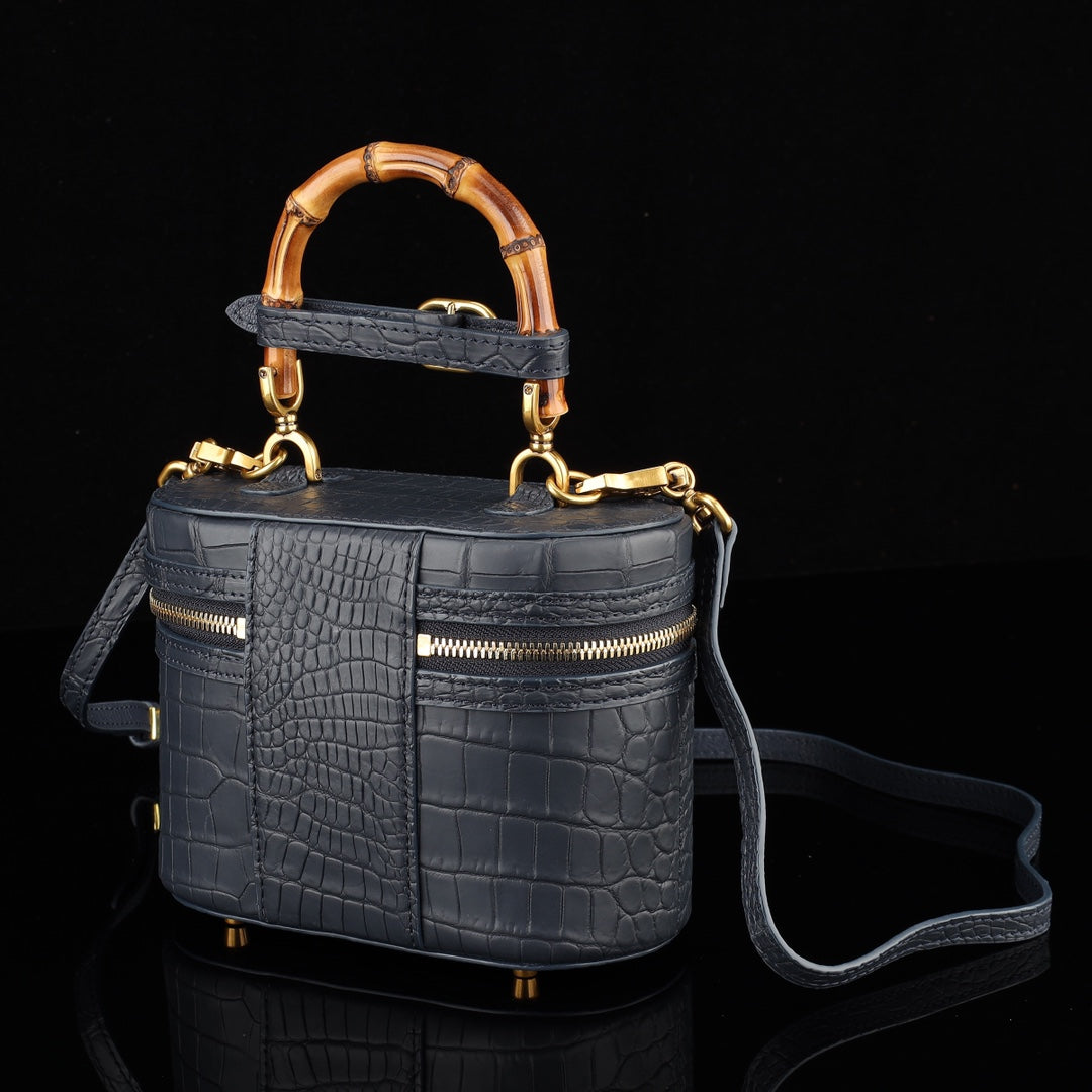 BELTLEY Black Nile Crocodile Vanity Case with Bamboo Handle