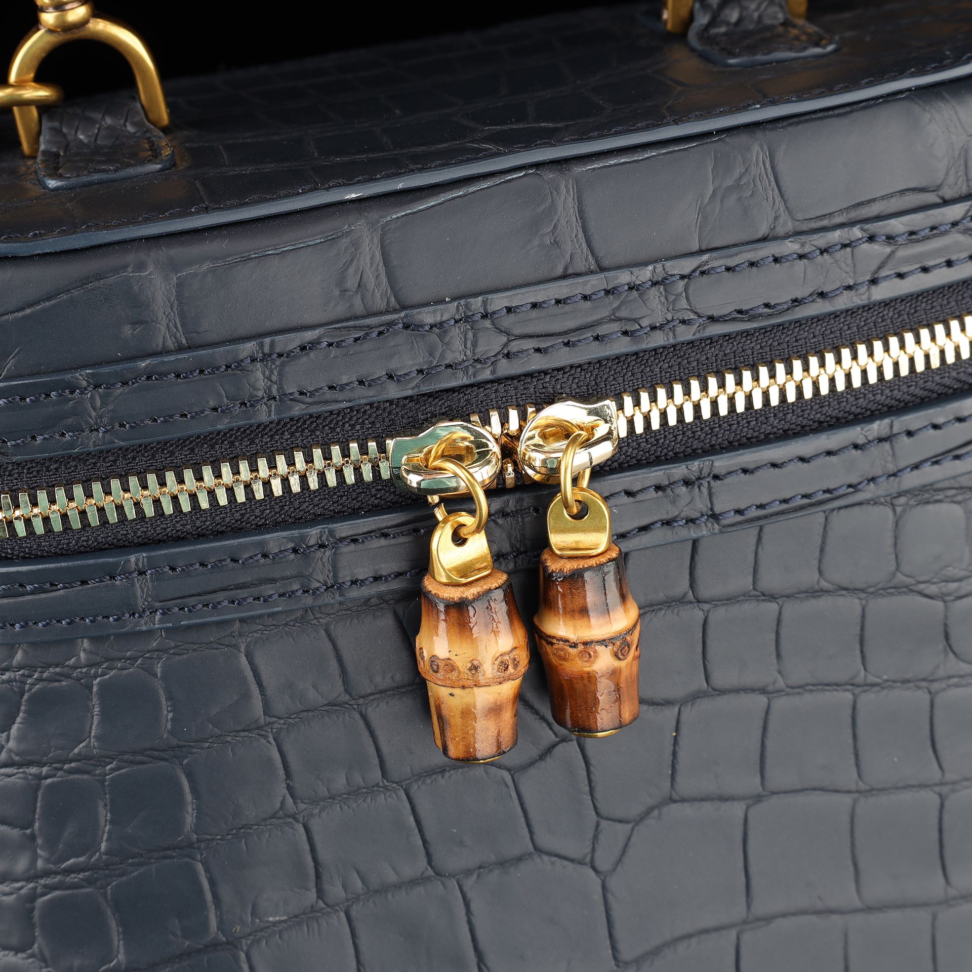 BELTLEY Black Nile Crocodile Vanity Case with Bamboo Handle